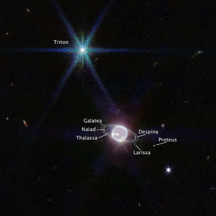 Sao Hải Vương có 14 vệ tinh đã biết và bảy trong số chúng có thể nhìn thấy trong hình ảnh này