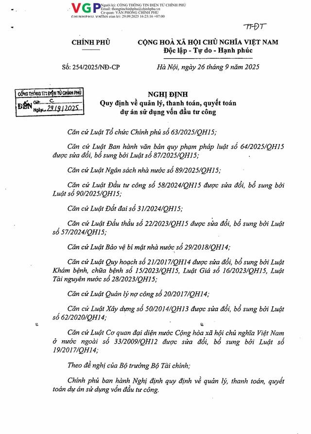 Nghị định số 254/2025/NĐ-CP quy định về quản lý, thanh toán, quyết toán dự án sử dụng vốn đầu tư công- Ảnh 1. Nghị định số 254/2025/NĐ-CP quy định về quản lý, thanh toán, quyết toán dự án sử dụng vốn đầu tư công- Ảnh 1.