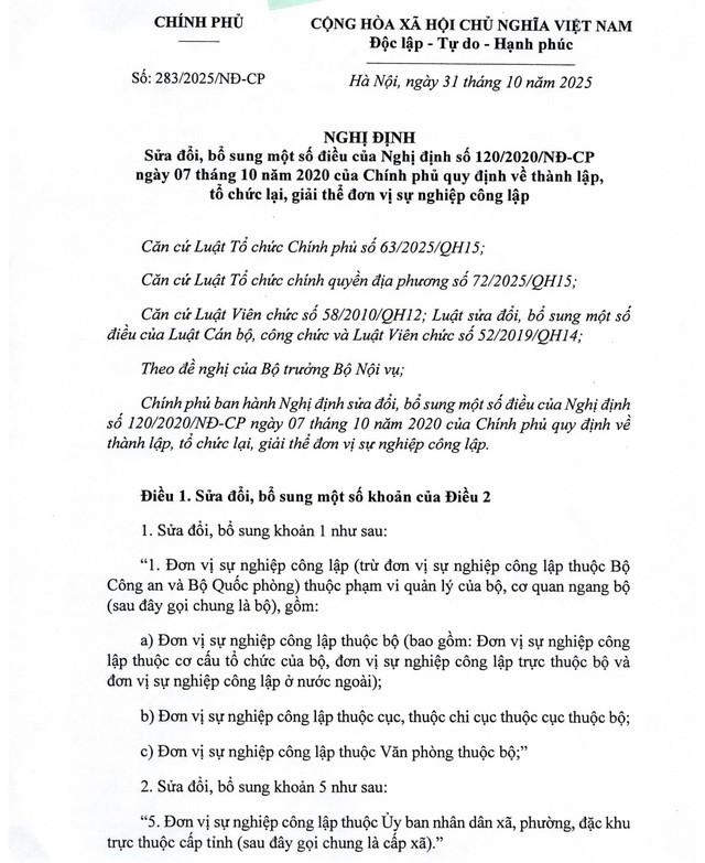TOÀN VĂN: Nghị định số 283/2025/NĐ-CP về thành lập, tổ chức lại, giải thể đơn vị sự nghiệp công lập- Ảnh 1. TOÀN VĂN: Nghị định số 283/2025/NĐ-CP về thành lập, tổ chức lại, giải thể đơn vị sự nghiệp công lập- Ảnh 1.