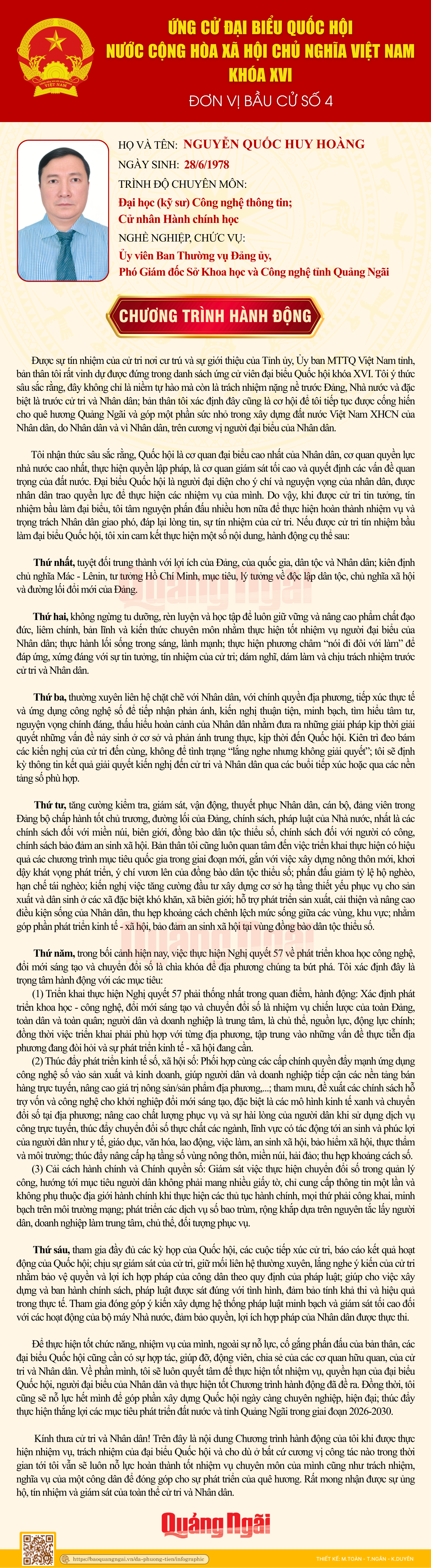 [Infographic]. Chương trình hành động của những người ứng cử đại biểu Quốc hội khóa XVI tại Quảng Ngãi - Đơn vị bầu cử số 4